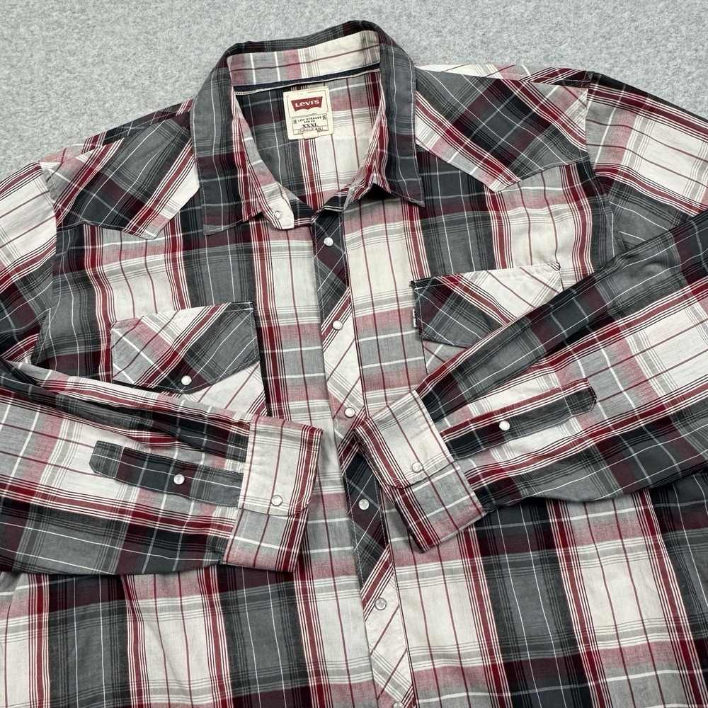 Vintage 80s Levi's Red Tab Pearl Snap Shirt Mens XXXL 3XL Red Gray Plaid Western